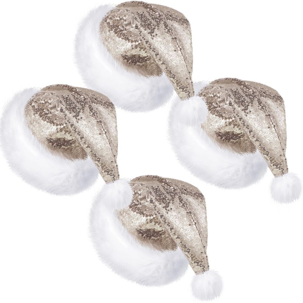 5701 4 Pcs Adult Sequin Santa Hat Unisex Shiny Christmas Santa Claus Hat